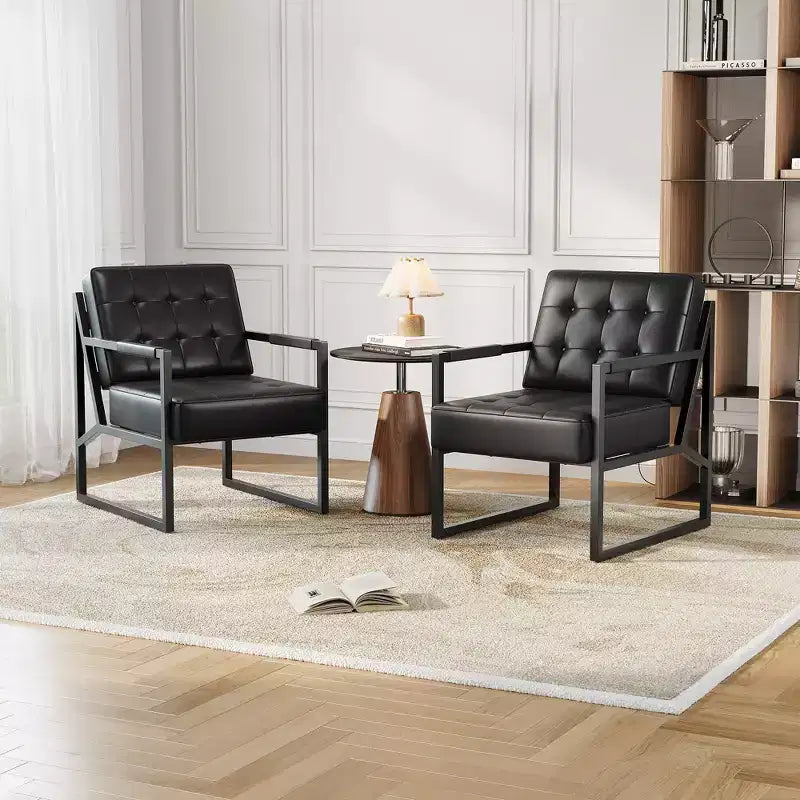 Fauteuil d'appoint moderne du milieu du siècle en cuir synthétique avec coussin épais et pieds en métal, pour salon/chambre/bureau, noir, à l'unité/lot de 2