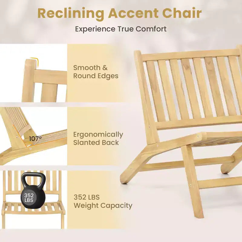 Chaise longue d'extérieur Costway en bois de teck, fauteuil d'appoint naturel de style Mid-century avec dossier