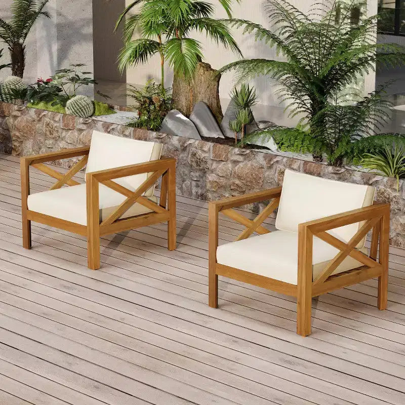 Lot de 4 fauteuils de jardin en bois d'acacia avec coussins, chaises de conversation pour patio, sièges d'extérieur en bois pour jardin, terrasse et pelouse - Panipeachy