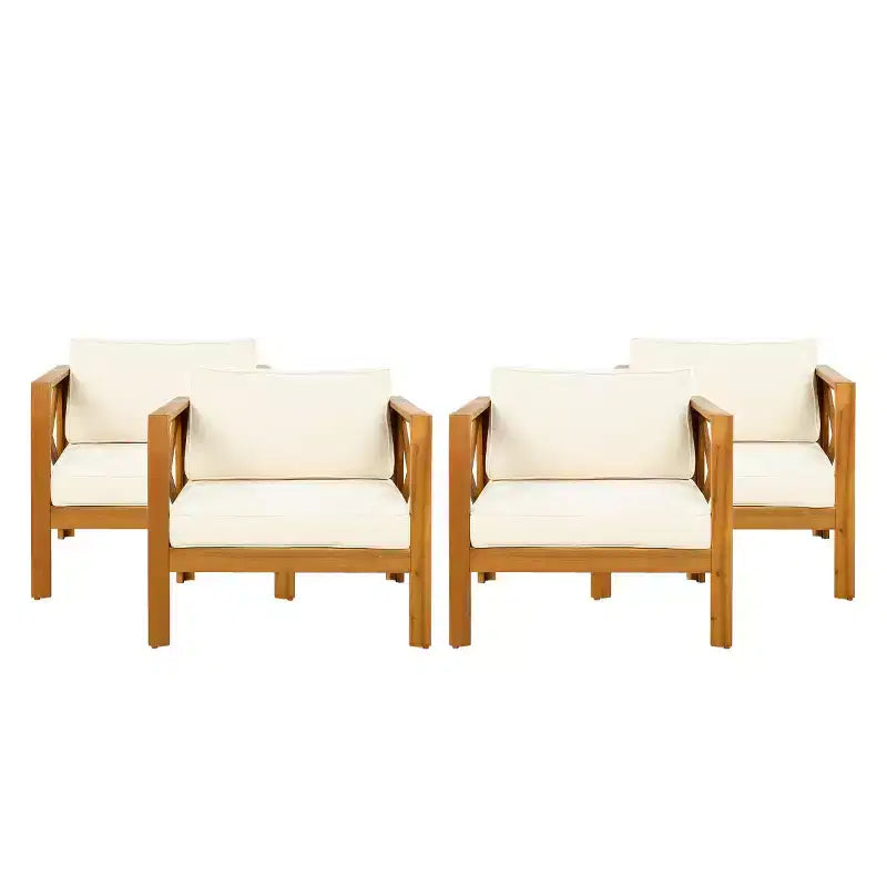 Lot de 4 fauteuils de jardin en bois d'acacia avec coussins, chaises de conversation pour patio, sièges d'extérieur en bois pour jardin, terrasse et pelouse - Panipeachy