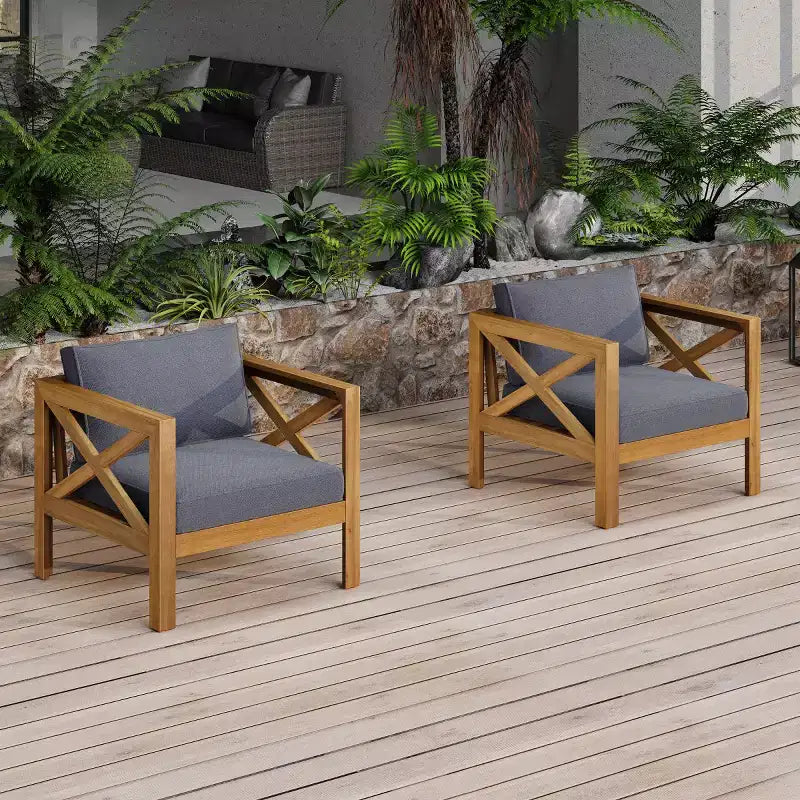 Lot de 4 fauteuils de jardin en bois d'acacia avec coussins, chaises de conversation pour patio, sièges d'extérieur en bois pour jardin, terrasse et pelouse - Panipeachy
