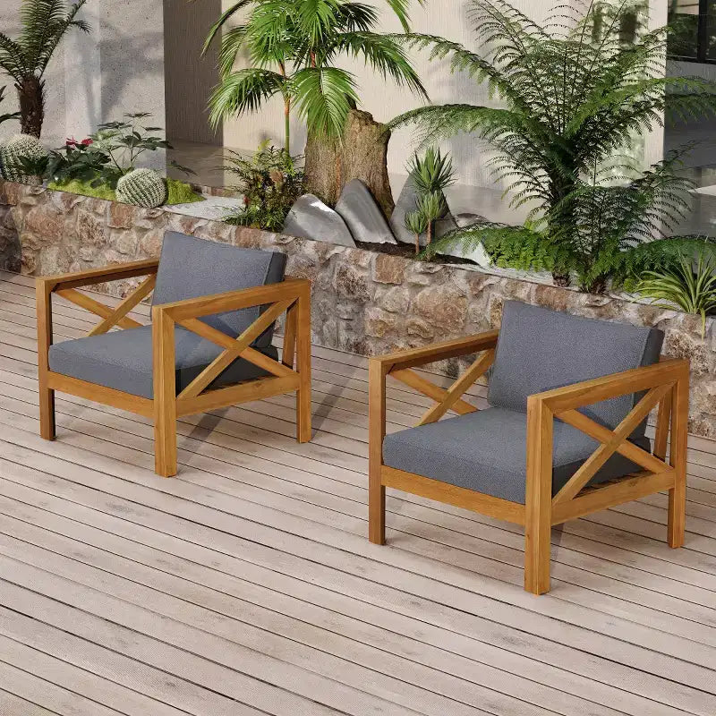 Lot de 4 fauteuils de jardin en bois d'acacia avec coussins, chaises de conversation pour patio, sièges d'extérieur en bois pour jardin, terrasse et pelouse - Panipeachy