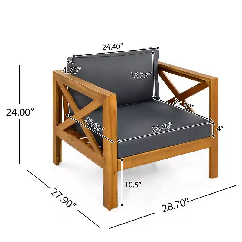 Lot de 4 fauteuils de jardin en bois d'acacia avec coussins, chaises de conversation pour patio, sièges d'extérieur en bois pour jardin, terrasse et pelouse - Panipeachy