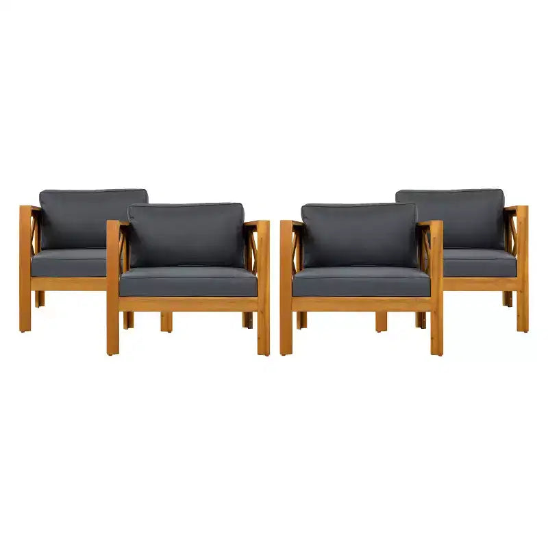 Lot de 4 fauteuils de jardin en bois d'acacia avec coussins, chaises de conversation pour patio, sièges d'extérieur en bois pour jardin, terrasse et pelouse - Panipeachy