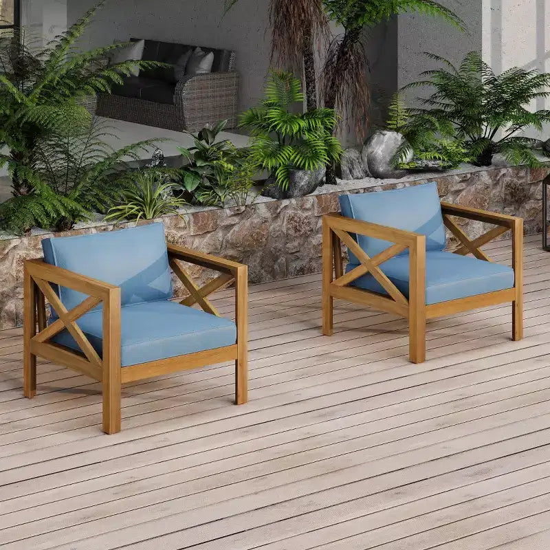 Lot de 4 fauteuils de jardin en bois d'acacia avec coussins, chaises de conversation pour patio, sièges d'extérieur en bois pour jardin, terrasse et pelouse - Panipeachy