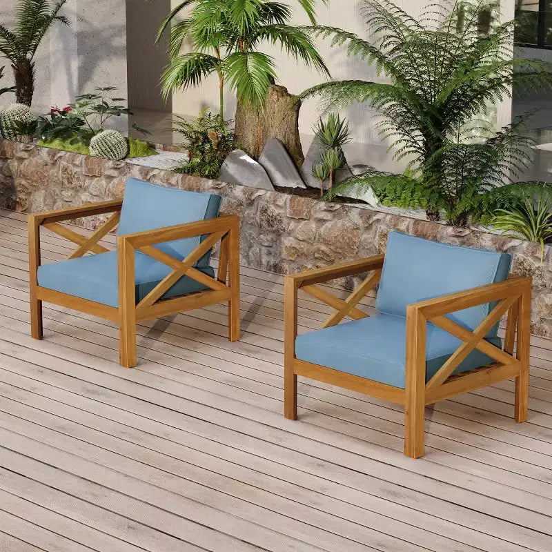 Lot de 4 fauteuils de jardin en bois d'acacia avec coussins, chaises de conversation pour patio, sièges d'extérieur en bois pour jardin, terrasse et pelouse - Panipeachy