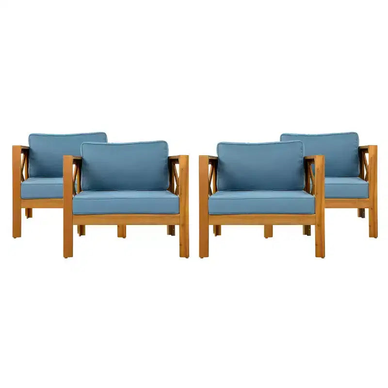 Lot de 4 fauteuils de jardin en bois d'acacia avec coussins, chaises de conversation pour patio, sièges d'extérieur en bois pour jardin, terrasse et pelouse - Panipeachy