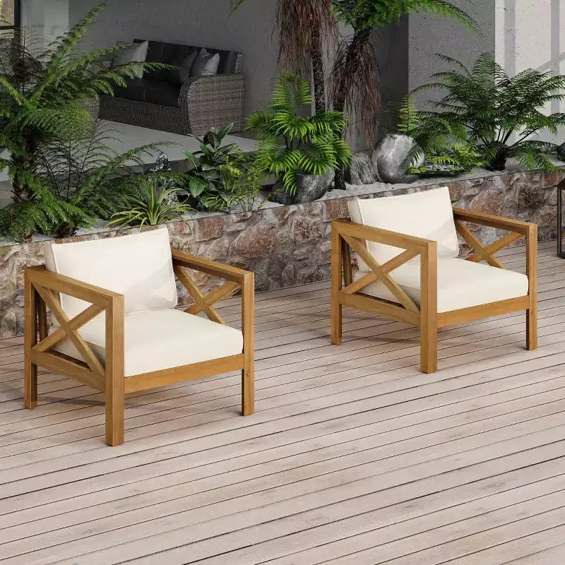 Lot de 4 fauteuils de jardin en bois d'acacia avec coussins, chaises de conversation pour patio, sièges d'extérieur en bois pour jardin, terrasse et pelouse - Panipeachy