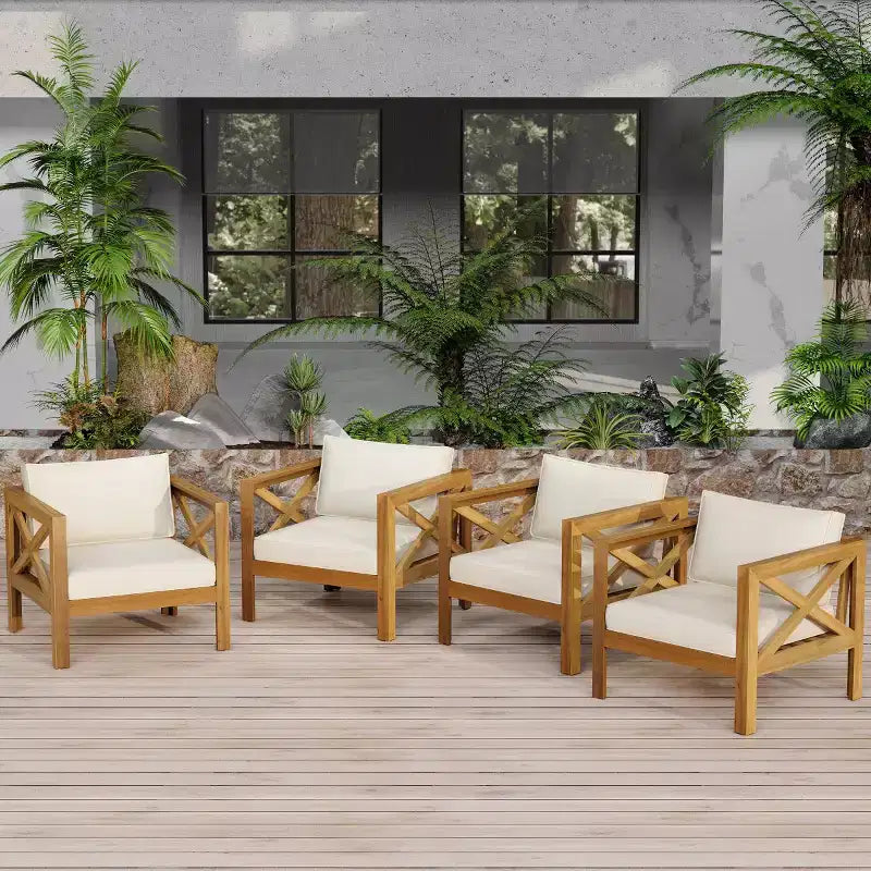 Lot de 4 fauteuils de jardin en bois d'acacia avec coussins, chaises de conversation pour patio, sièges d'extérieur en bois pour jardin, terrasse et pelouse - Panipeachy