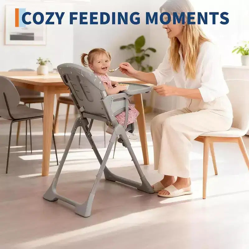 Chaise haute pliable pour bébé avec réglage multi-vitesses, plateau amovible et réglable, ceinture de sécurité, pieds antidérapants et roulettes invisibles pour bébés et tout-petits