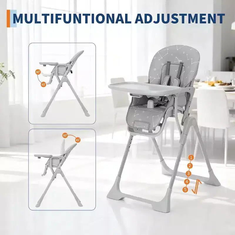 Chaise haute pliable pour bébé avec réglage multi-vitesses, plateau amovible et réglable, ceinture de sécurité, pieds antidérapants et roulettes invisibles pour bébés et tout-petits