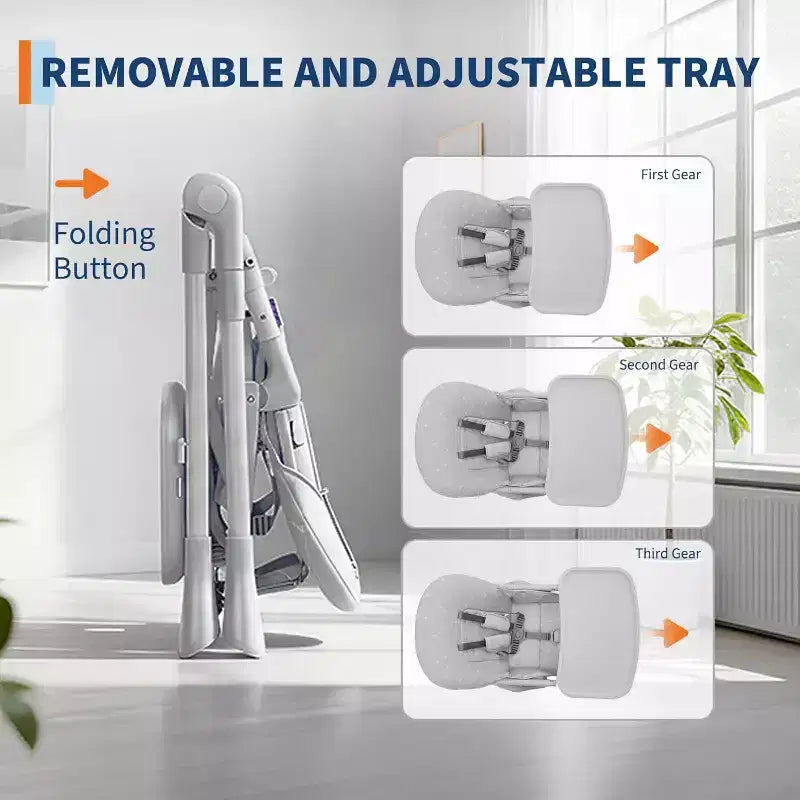 Chaise haute pliable pour bébé avec réglage multi-vitesses, plateau amovible et réglable, ceinture de sécurité, pieds antidérapants et roulettes invisibles pour bébés et tout-petits