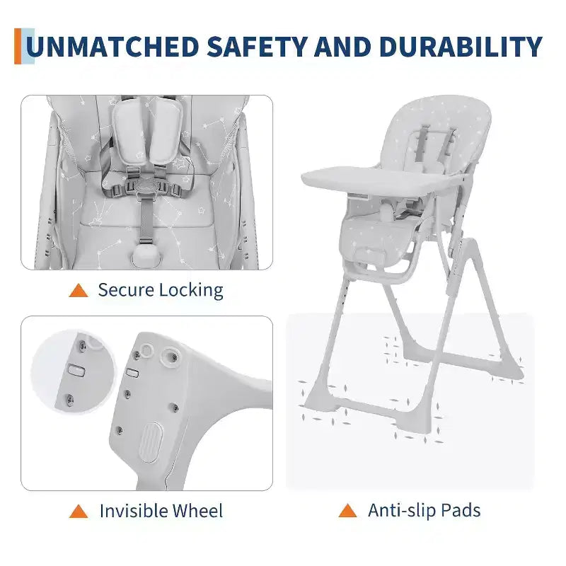 Chaise haute pliable pour bébé avec réglage multi-vitesses, plateau amovible et réglable, ceinture de sécurité, pieds antidérapants et roulettes invisibles pour bébés et tout-petits