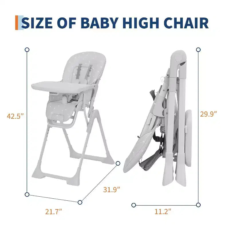 Chaise haute pliable pour bébé avec réglage multi-vitesses, plateau amovible et réglable, ceinture de sécurité, pieds antidérapants et roulettes invisibles pour bébés et tout-petits