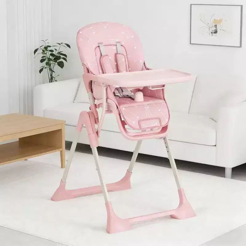 Chaise haute pliable pour bébé avec réglage multi-vitesses, plateau amovible et réglable, ceinture de sécurité, pieds antidérapants et roulettes invisibles pour bébés et tout-petits