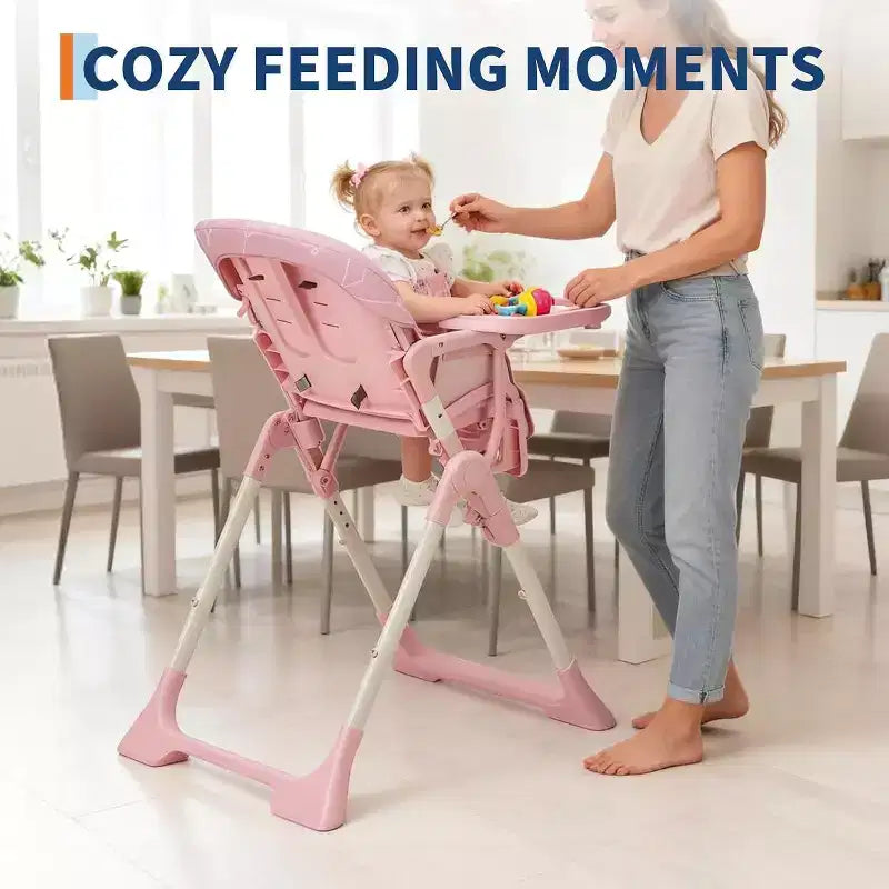 Chaise haute pliable pour bébé avec réglage multi-vitesses, plateau amovible et réglable, ceinture de sécurité, pieds antidérapants et roulettes invisibles pour bébés et tout-petits