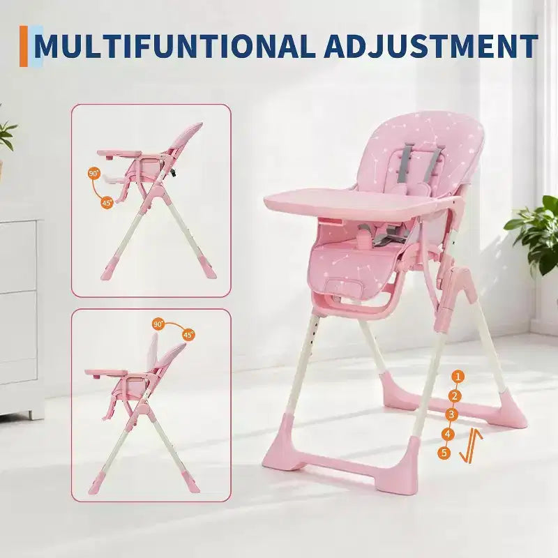 Chaise haute pliable pour bébé avec réglage multi-vitesses, plateau amovible et réglable, ceinture de sécurité, pieds antidérapants et roulettes invisibles pour bébés et tout-petits