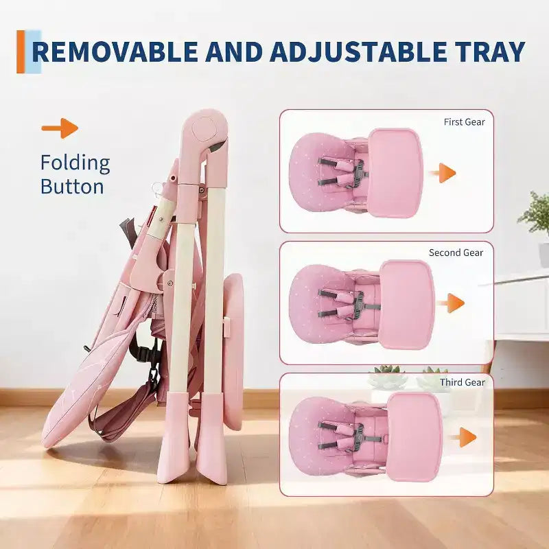 Chaise haute pliable pour bébé avec réglage multi-vitesses, plateau amovible et réglable, ceinture de sécurité, pieds antidérapants et roulettes invisibles pour bébés et tout-petits