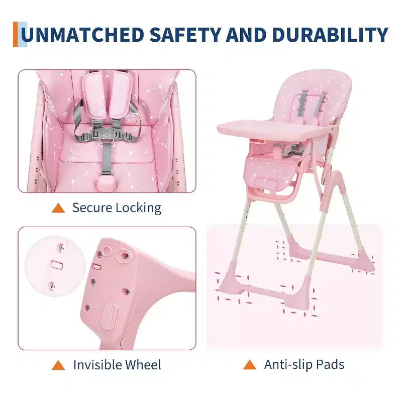 Chaise haute pliable pour bébé avec réglage multi-vitesses, plateau amovible et réglable, ceinture de sécurité, pieds antidérapants et roulettes invisibles pour bébés et tout-petits