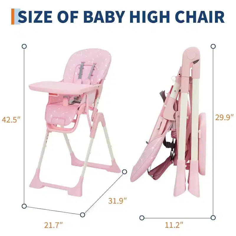 Chaise haute pliable pour bébé avec réglage multi-vitesses, plateau amovible et réglable, ceinture de sécurité, pieds antidérapants et roulettes invisibles pour bébés et tout-petits