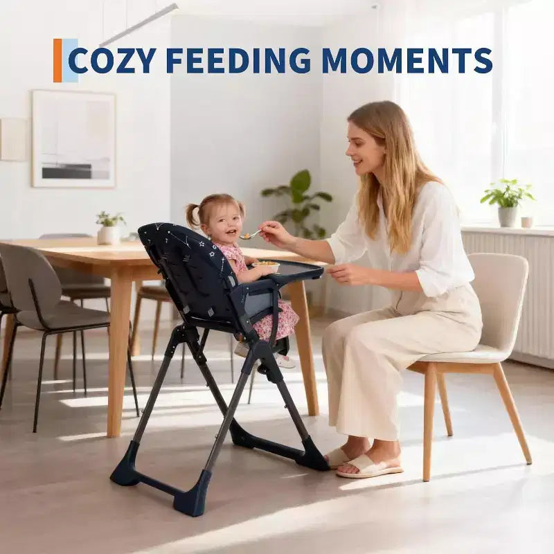 Chaise haute pliable pour bébé avec réglage multi-vitesses, plateau amovible et réglable, ceinture de sécurité, pieds antidérapants et roulettes invisibles pour bébés et tout-petits
