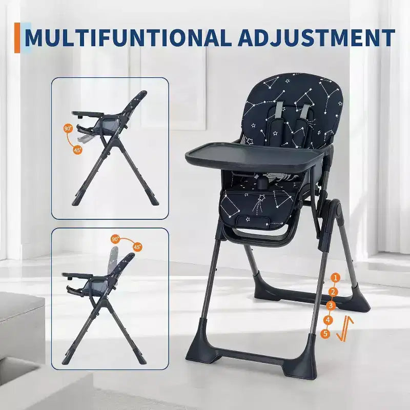 Chaise haute pliable pour bébé avec réglage multi-vitesses, plateau amovible et réglable, ceinture de sécurité, pieds antidérapants et roulettes invisibles pour bébés et tout-petits