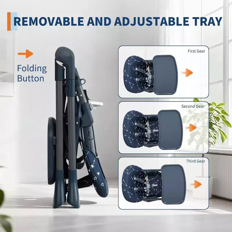 Chaise haute pliable pour bébé avec réglage multi-vitesses, plateau amovible et réglable, ceinture de sécurité, pieds antidérapants et roulettes invisibles pour bébés et tout-petits