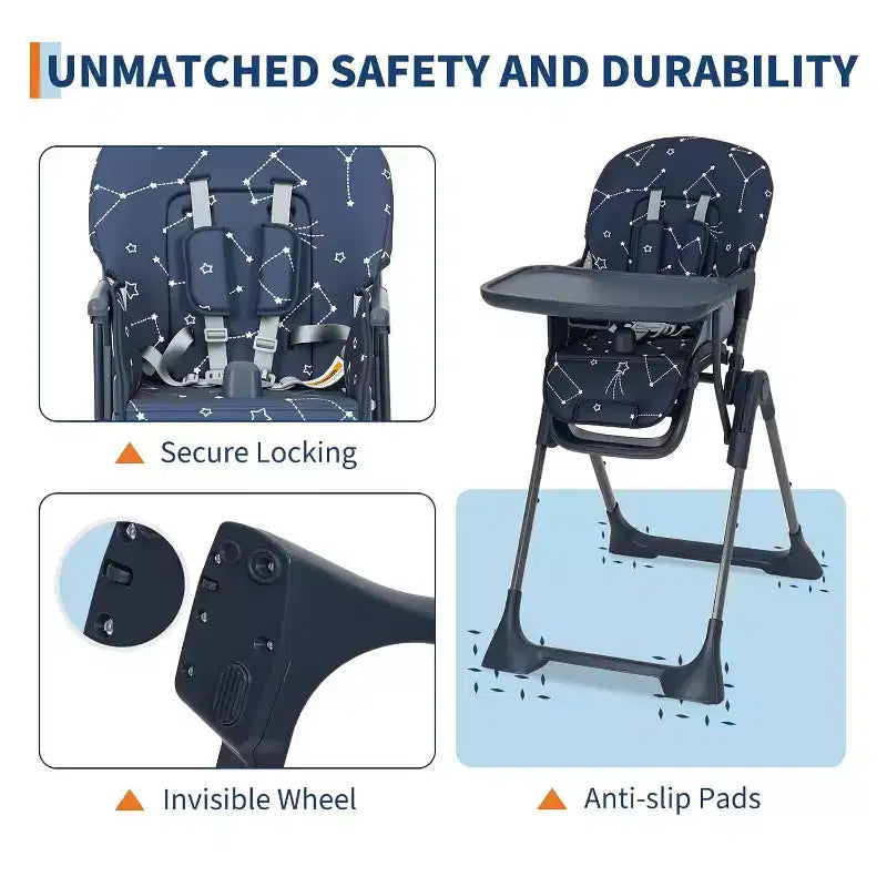 Chaise haute pliable pour bébé avec réglage multi-vitesses, plateau amovible et réglable, ceinture de sécurité, pieds antidérapants et roulettes invisibles pour bébés et tout-petits