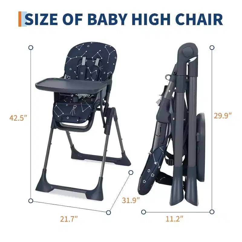 Chaise haute pliable pour bébé avec réglage multi-vitesses, plateau amovible et réglable, ceinture de sécurité, pieds antidérapants et roulettes invisibles pour bébés et tout-petits