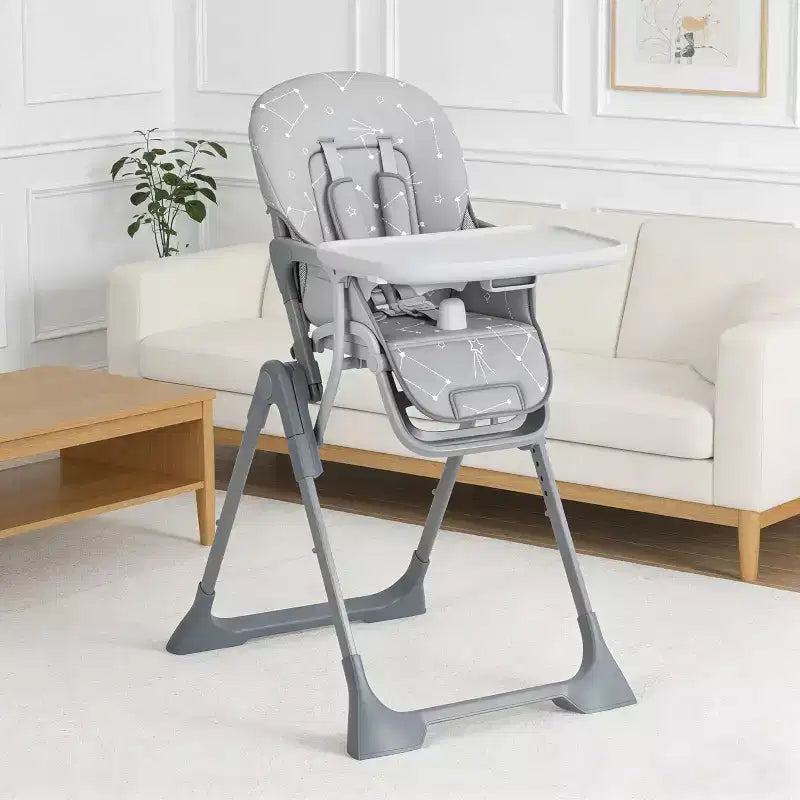 Chaise haute pliable pour bébé avec réglage multi-vitesses, plateau amovible et réglable, ceinture de sécurité, pieds antidérapants et roulettes invisibles pour bébés et tout-petits