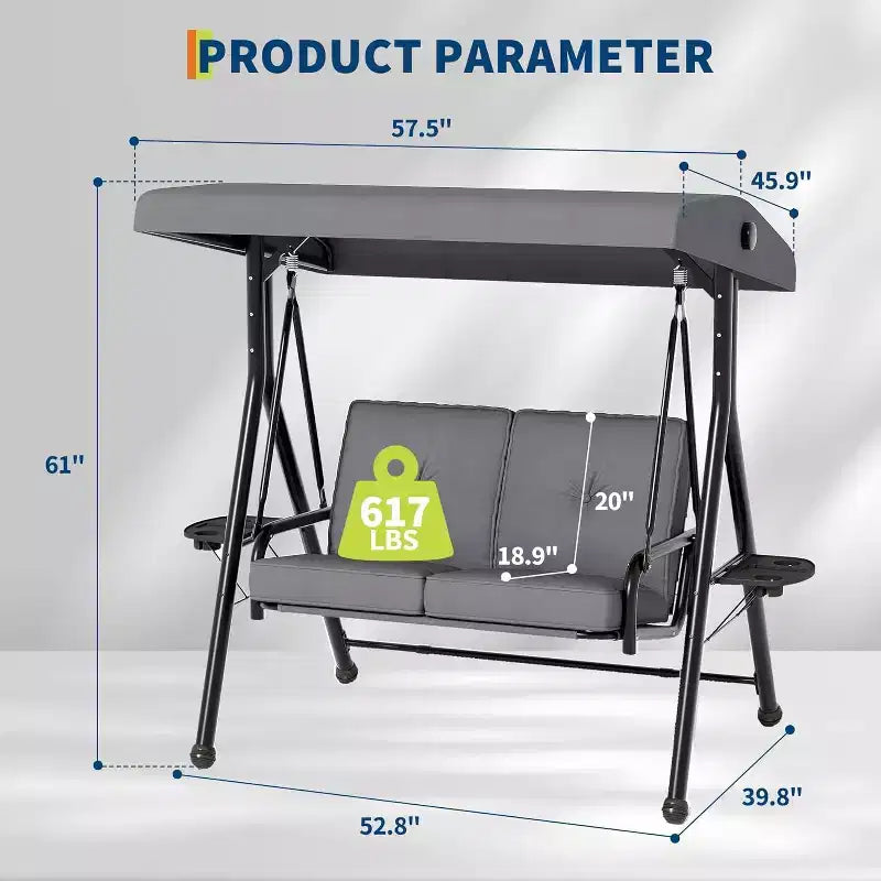 Balançoire de jardin 2 places avec auvent, assise rembourrée, cadre en fer robuste, banc d'extérieur résistant aux intempéries pour patio, balcon ou arrière-cour
