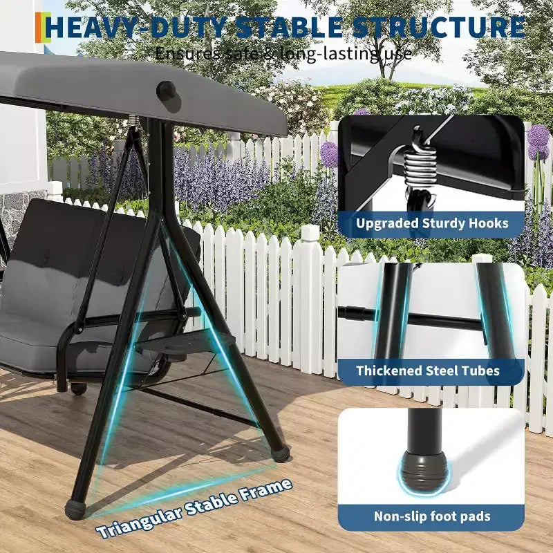 Balançoire de jardin 2 places avec auvent, assise rembourrée, cadre en fer robuste, banc d'extérieur résistant aux intempéries pour patio, balcon ou arrière-cour