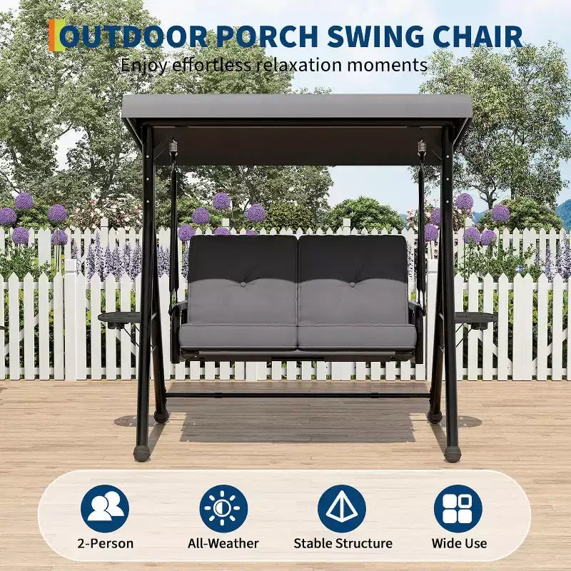 Balançoire de jardin 2 places avec auvent, assise rembourrée, cadre en fer robuste, banc d'extérieur résistant aux intempéries pour patio, balcon ou arrière-cour