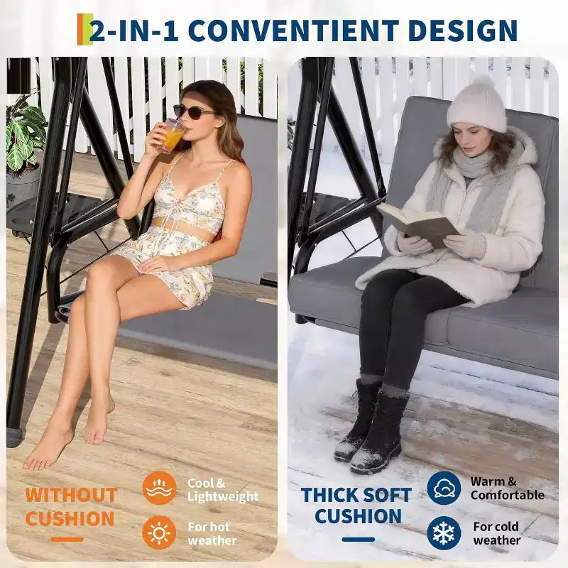 Balançoire de jardin 2 places avec auvent, assise rembourrée, cadre en fer robuste, banc d'extérieur résistant aux intempéries pour patio, balcon ou arrière-cour