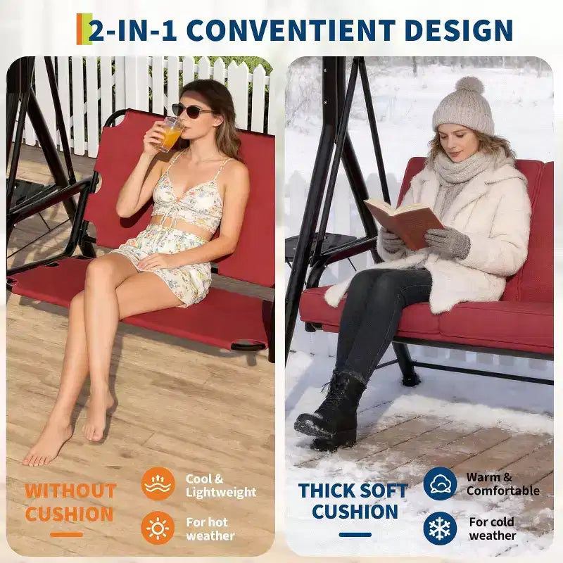 Balançoire de jardin 2 places avec auvent, assise rembourrée, cadre en fer robuste, banc d'extérieur résistant aux intempéries pour patio, balcon ou arrière-cour