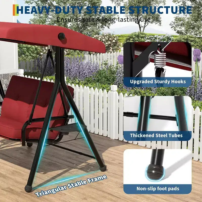 Balançoire de jardin 2 places avec auvent, assise rembourrée, cadre en fer robuste, banc d'extérieur résistant aux intempéries pour patio, balcon ou arrière-cour