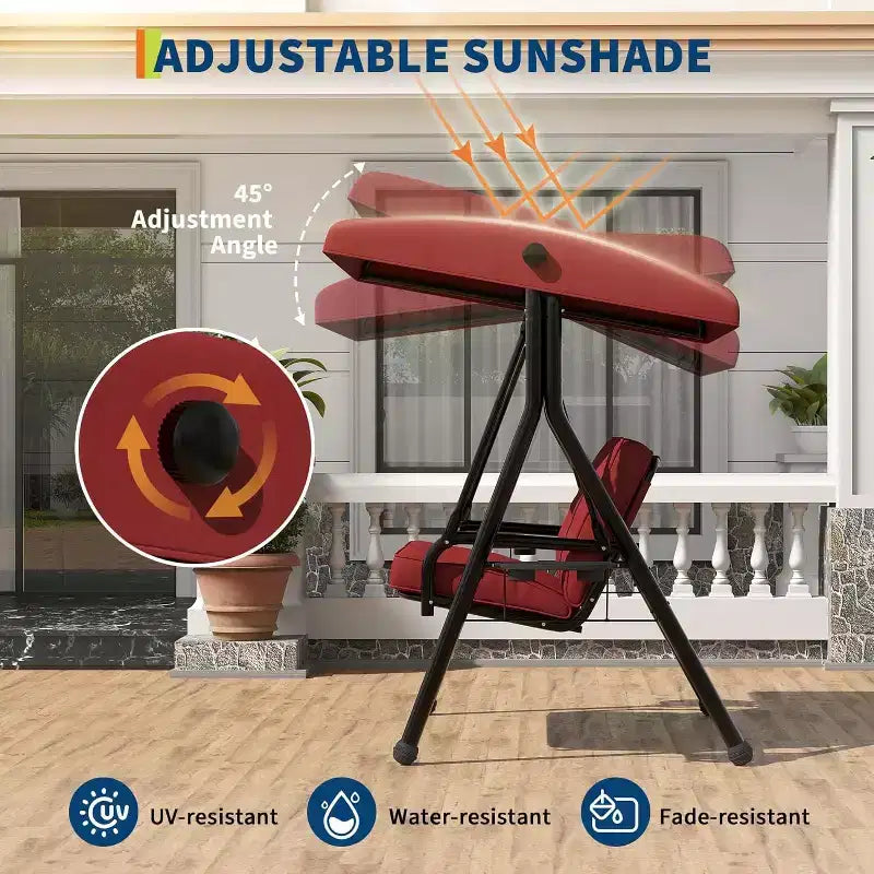 Balançoire de jardin 2 places avec auvent, assise rembourrée, cadre en fer robuste, banc d'extérieur résistant aux intempéries pour patio, balcon ou arrière-cour