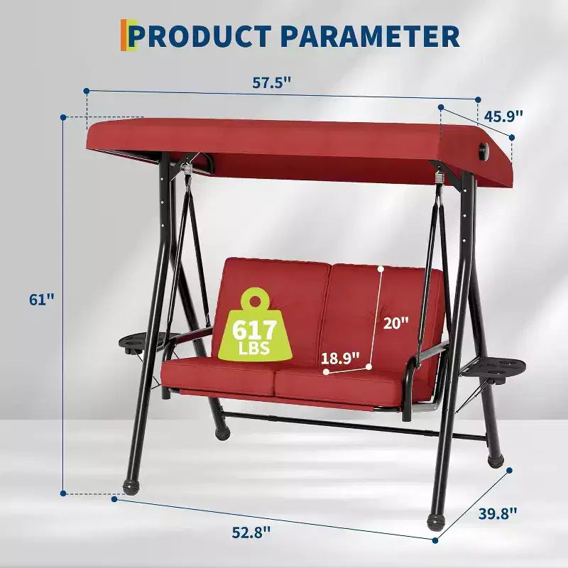 Balançoire de jardin 2 places avec auvent, assise rembourrée, cadre en fer robuste, banc d'extérieur résistant aux intempéries pour patio, balcon ou arrière-cour