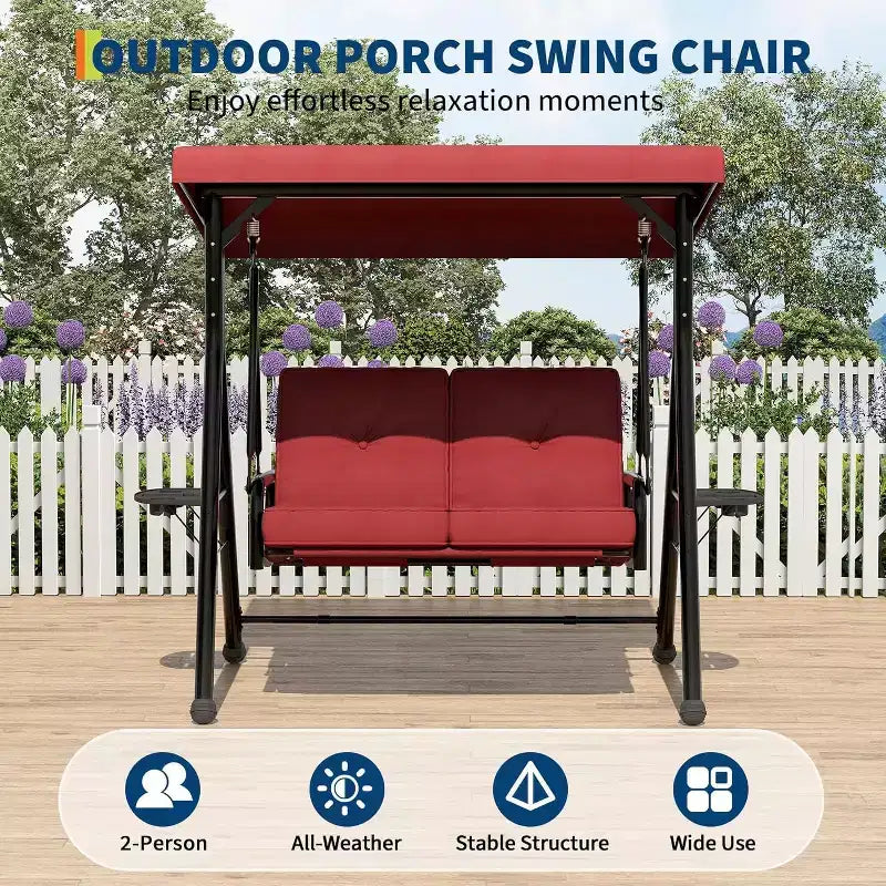 Balançoire de jardin 2 places avec auvent, assise rembourrée, cadre en fer robuste, banc d'extérieur résistant aux intempéries pour patio, balcon ou arrière-cour