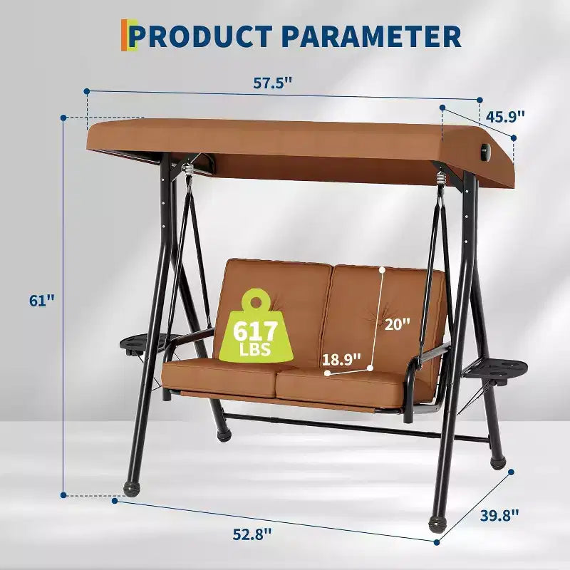 Balançoire de jardin 2 places avec auvent, assise rembourrée, cadre en fer robuste, banc d'extérieur résistant aux intempéries pour patio, balcon ou arrière-cour