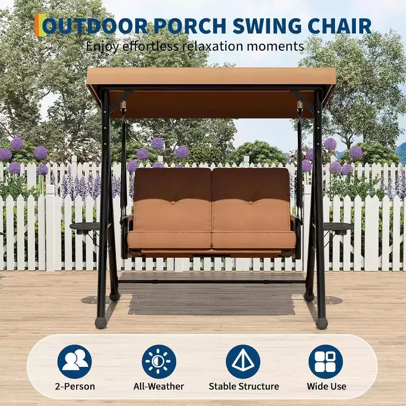 Balançoire de jardin 2 places avec auvent, assise rembourrée, cadre en fer robuste, banc d'extérieur résistant aux intempéries pour patio, balcon ou arrière-cour