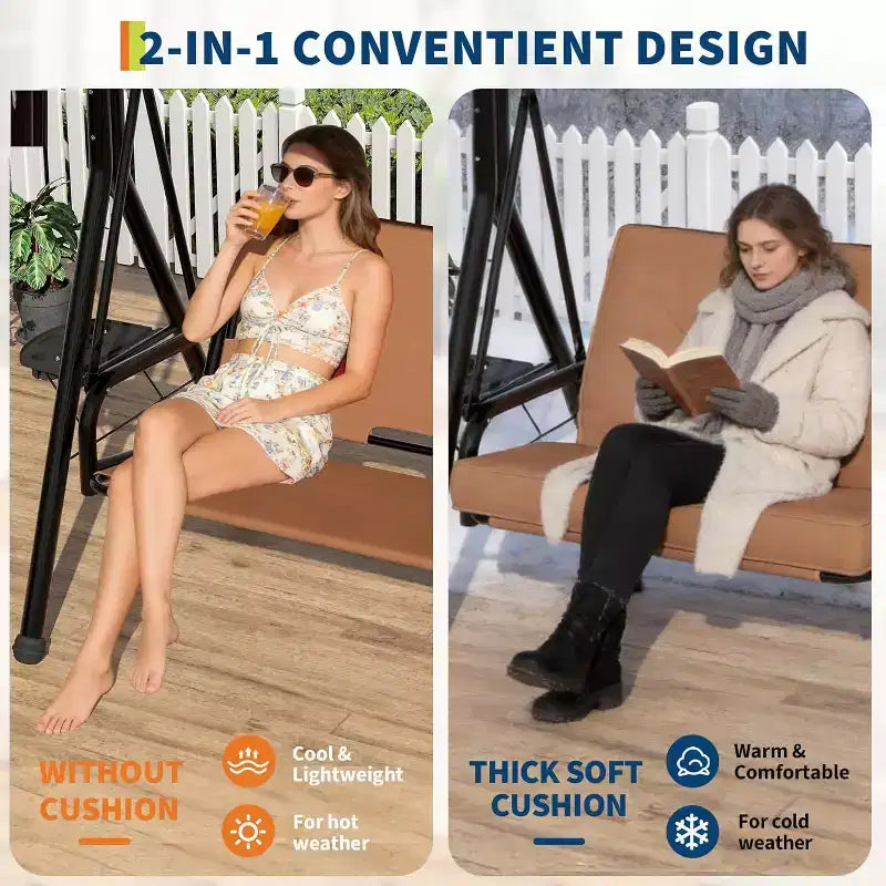 Balançoire de jardin 2 places avec auvent, assise rembourrée, cadre en fer robuste, banc d'extérieur résistant aux intempéries pour patio, balcon ou arrière-cour