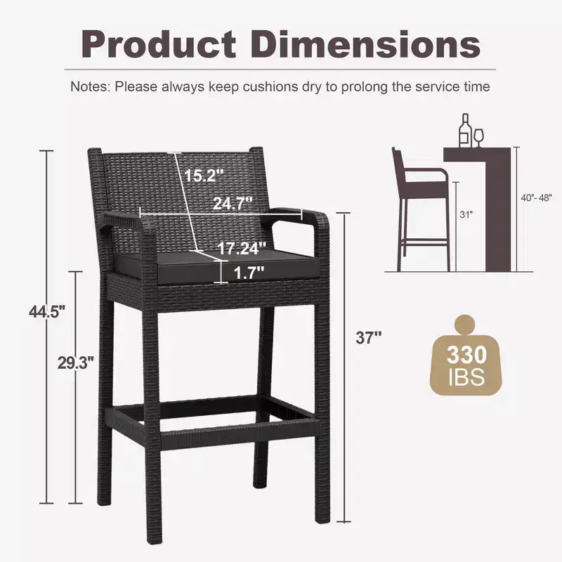 Lot de 2 tabourets de bar d'extérieur en osier – Hauteur de bar 76 cm, capacité de 150 kg, coussins épais, résine tressée tout temps pour terrasse et piscine