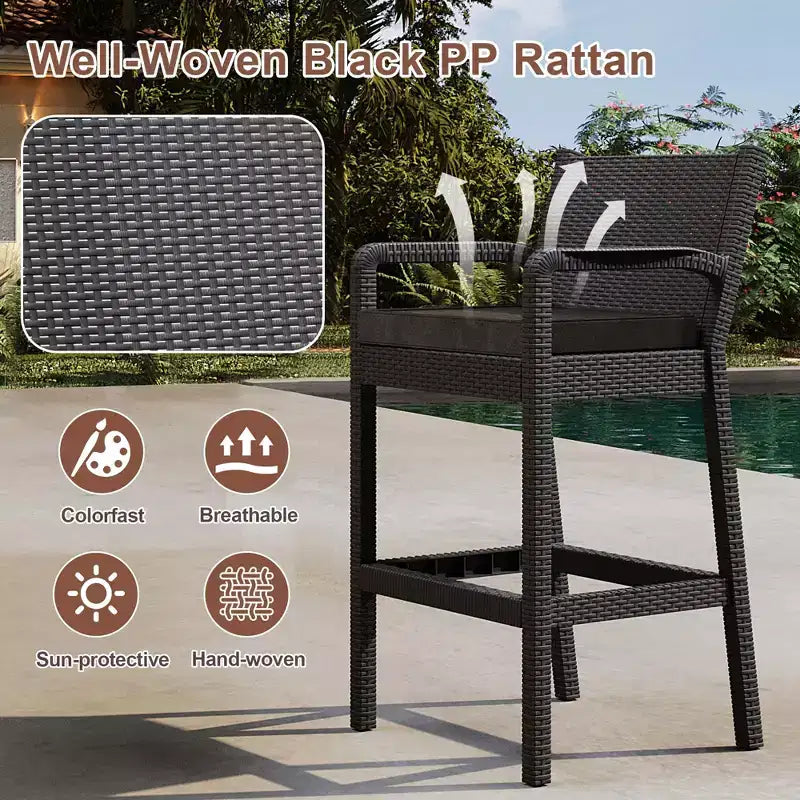 Lot de 2 tabourets de bar d'extérieur en osier – Hauteur de bar 76 cm, capacité de 150 kg, coussins épais, résine tressée tout temps pour terrasse et piscine