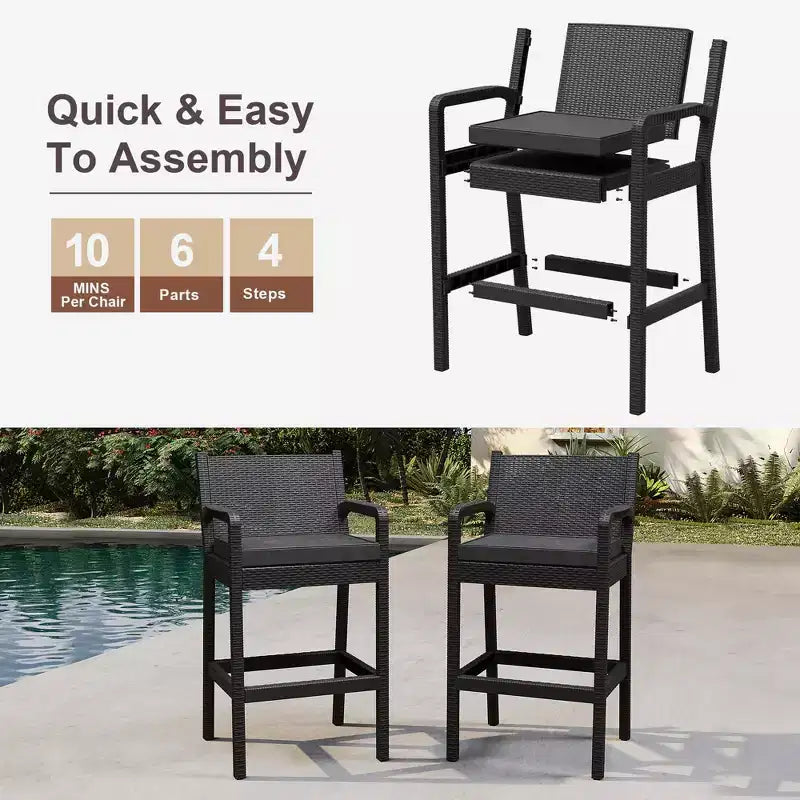Lot de 2 tabourets de bar d'extérieur en osier – Hauteur de bar 76 cm, capacité de 150 kg, coussins épais, résine tressée tout temps pour terrasse et piscine