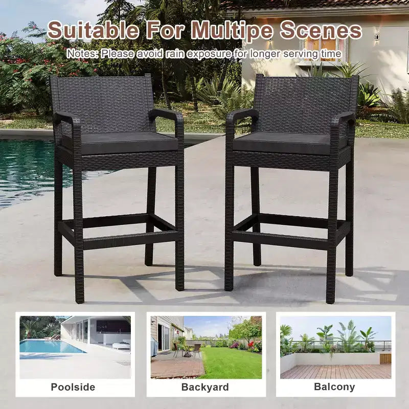 Lot de 2 tabourets de bar d'extérieur en osier – Hauteur de bar 76 cm, capacité de 150 kg, coussins épais, résine tressée tout temps pour terrasse et piscine