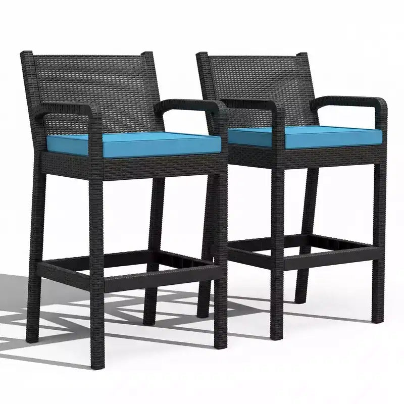 Lot de 2 tabourets de bar d'extérieur en osier – Hauteur de bar 76 cm, capacité de 150 kg, coussins épais, résine tressée tout temps pour terrasse et piscine