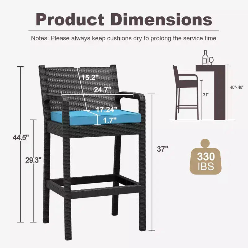 Lot de 2 tabourets de bar d'extérieur en osier – Hauteur de bar 76 cm, capacité de 150 kg, coussins épais, résine tressée tout temps pour terrasse et piscine