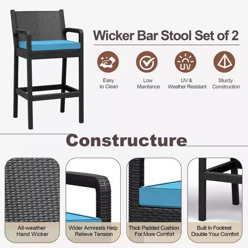 Lot de 2 tabourets de bar d'extérieur en osier – Hauteur de bar 76 cm, capacité de 150 kg, coussins épais, résine tressée tout temps pour terrasse et piscine