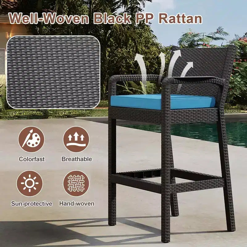 Lot de 2 tabourets de bar d'extérieur en osier – Hauteur de bar 76 cm, capacité de 150 kg, coussins épais, résine tressée tout temps pour terrasse et piscine